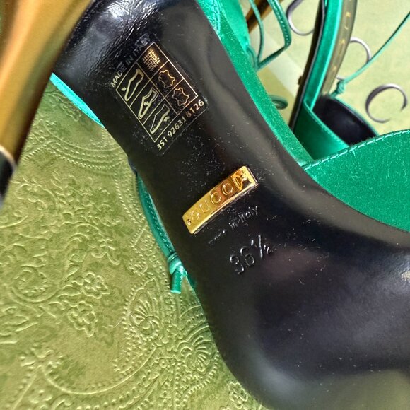 GUCCI 752966 Priscilla Emerald Green Satin Strap Gold Stiletto Heel 36+, US 6.5 - Picture 10 of 16